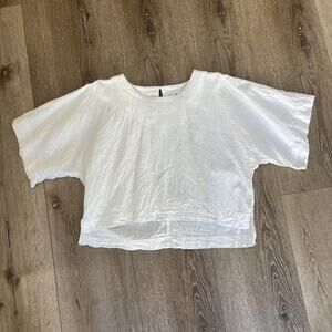 DKNY Linen Top Women M White Crop Short Sleeve Oversized Boxy Lagenlook Beach